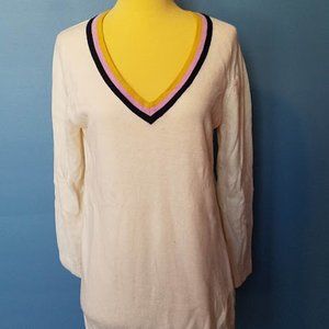 Boden cream V-neck sweater with pink/yellow/navy trim
